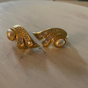 Gold-Tone Pearl & Crystal Swirl Clip Earrings - Women Jewelry